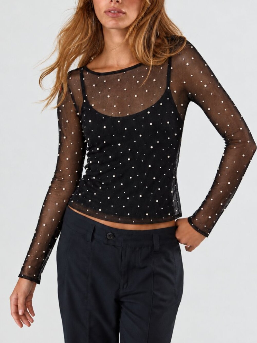 Thirty Thirty Black Sheer Mesh Pearl Embellished Long Sleeve Top L Fits S